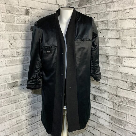 Hugo Boss Wool Trench Coat Large Black Preppy Old Money Corpcore 90s Overcoat - Picture 9 of 16